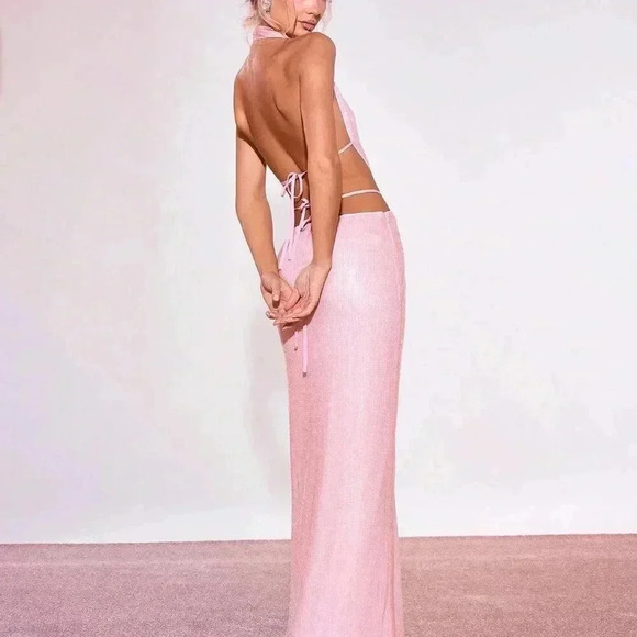 Baby Pink Sexy Women's Sequin Cut Out Front Maxi Dress - Picture 2 of 4
